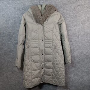 Larry Levine Puffer Trench Coat Womens Small Brown Down Sherpa Collar Snap Up